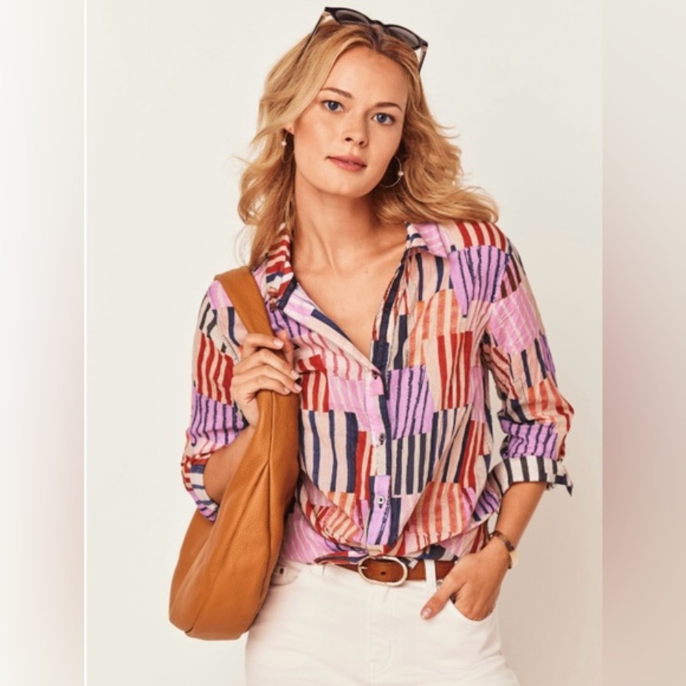 NIC+ZOE Art Block Crinkle Lightweight Long Sleeve Button Down Shirt Small